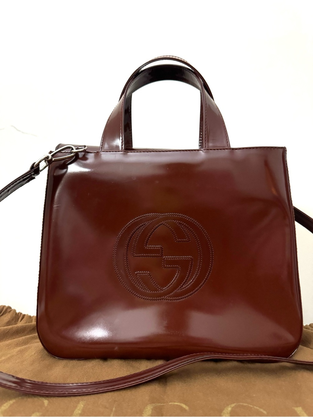 Authentic Gucci Glossy Brown Patent Leather Satchel with Double G Emboss - Picture 9 of 16